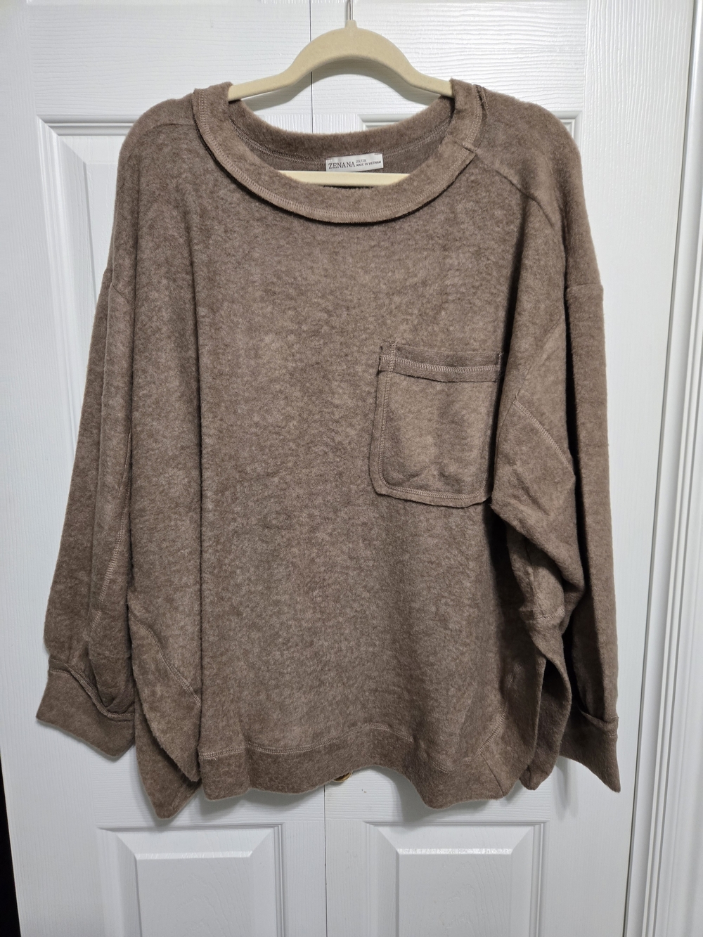 Zenana Outfitters Taupe Crewneck Pocket Pullover